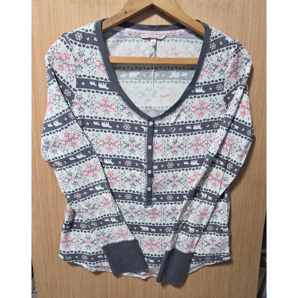 Victoria's Secret Thermal Knit Top Size M Winter‎ Fair Isle Button Henley